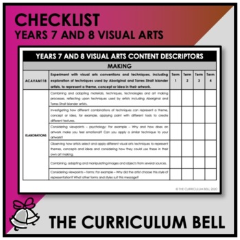 Preview of CHECKLIST | AUSTRALIAN CURRICULUM | YEARS 7 AND 8 VISUAL ARTS