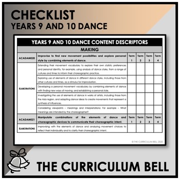 Preview of CHECKLIST | AUSTRALIAN CURRICULUM | YEARS 9 AND 10 DANCE