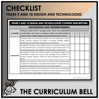 Preview of CHECKLIST | AUSTRALIAN CURRICULUM | YEARS 9 AND 10 DESIGN AND TECHNOLOGIES