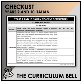 Preview of CHECKLIST | AUSTRALIAN CURRICULUM | YEARS 9 AND 10 ITALIAN