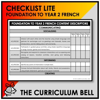 Preview of CHECKLIST LITE | AUSTRALIAN CURRICULUM | FOUNDATION TO YEAR 2 FRENCH