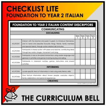 Preview of CHECKLIST LITE | AUSTRALIAN CURRICULUM | FOUNDATION TO YEAR 2 ITALIAN