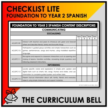 Preview of CHECKLIST LITE | AUSTRALIAN CURRICULUM | FOUNDATION TO YEAR 2 SPANISH