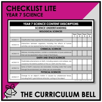 Preview of CHECKLIST LITE | AUSTRALIAN CURRICULUM | YEAR 7 SCIENCE