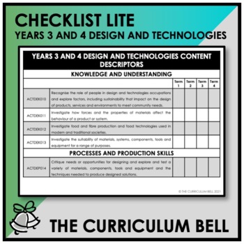 Preview of CHECKLIST LITE | AUSTRALIAN CURRICULUM | YEARS 3 AND 4 DESIGN AND TECHNOLOGIES