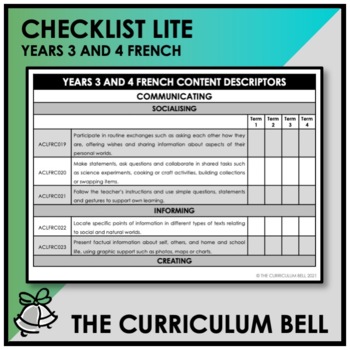 Preview of CHECKLIST LITE | AUSTRALIAN CURRICULUM | YEARS 3 AND 4 FRENCH