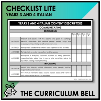 Preview of CHECKLIST LITE | AUSTRALIAN CURRICULUM | YEARS 3 AND 4 ITALIAN