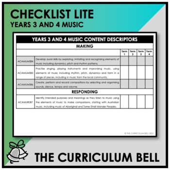 Preview of CHECKLIST LITE | AUSTRALIAN CURRICULUM | YEARS 3 AND 4 MUSIC