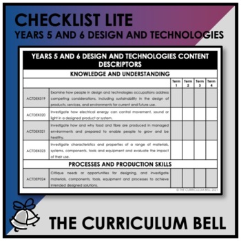 Preview of CHECKLIST LITE | AUSTRALIAN CURRICULUM | YEARS 5 AND 6 DESIGN AND TECHNOLOGIES