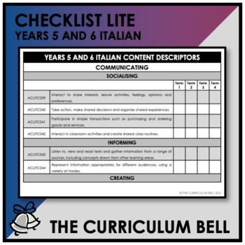 Preview of CHECKLIST LITE | AUSTRALIAN CURRICULUM | YEARS 5 AND 6 ITALIAN