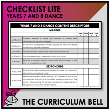 Preview of CHECKLIST LITE | AUSTRALIAN CURRICULUM | YEARS 7 AND 8 DANCE