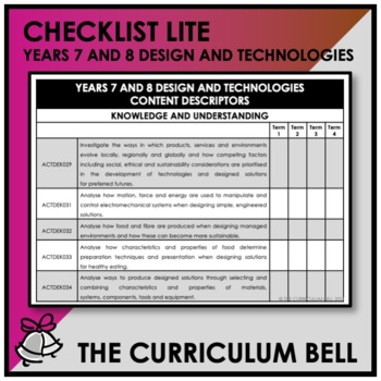 Preview of CHECKLIST LITE | AUSTRALIAN CURRICULUM | YEARS 7 AND 8 DESIGN AND TECHNOLOGIES