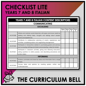 Preview of CHECKLIST LITE | AUSTRALIAN CURRICULUM | YEARS 7 AND 8 ITALIAN