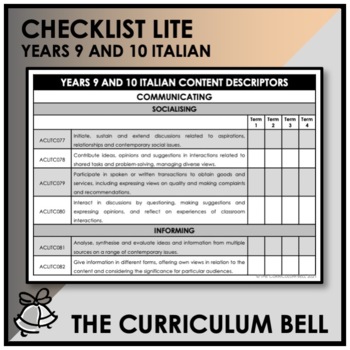 Preview of CHECKLIST LITE | AUSTRALIAN CURRICULUM | YEARS 9 AND 10 ITALIAN