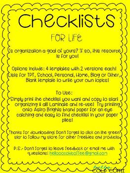CHECKLISTS for Life FREEBIE by Hello Cold Coffee | TPT