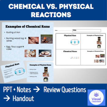 Preview of CHEMICAL VS. PHYSICAL REACTIONS – PowerPoint + Review Questions + Handout