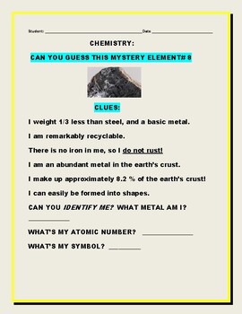 Preview of CHEMISTRY: CAN YOU IDENTIFY THIS MYSTERY ELEMENT#8?  GRS. 4-8, ANSWER KEY