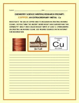 Preview of CHEMISTRY WRITING RESEARCH PROMPT: COPPER & INVISIBLE CLOAK DEVELOPMENT