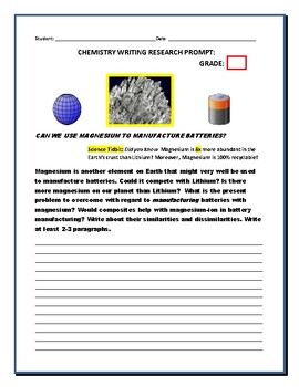 Preview of CHEMISTRY WRITING RESEARCH PROMPT: MAGNESIUM BATTERY MANUFACTURING/ GRS.8-12 /MG