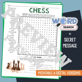 Preview of CHESS Word Search Puzzle Activity Vocabulary Worksheet Secret Message