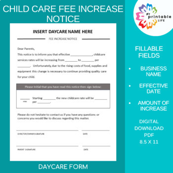 Preview of CHILD CARE FEE INCREASE Notice, Tuition Rate Increase Letter, Daycare Forms