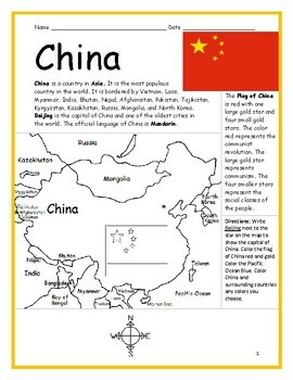 Preview of CHINA Printable Introductory Geography Worksheet with map and flag