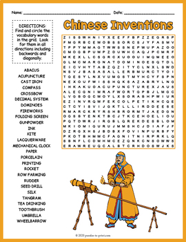 Preview of CHINESE INVENTIONS Word Search Puzzle Worksheet Activity