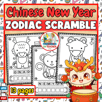 Preview of CHINESE LUNAR NEW YEAR Zodiac Animals coloring pages-word scramble worksheets
