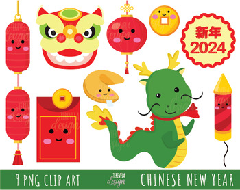 Preview of CHINESE NEW YEAR clipart, DRAGON YEAR, 2024 NEW YEAR, CHINA, DRAGON, kawaii