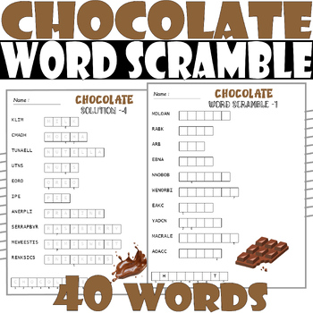 CHOCOLATE Word Scramble Puzzle, All about CHOCOLATE Word Scramble