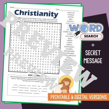 Preview of CHRISTIANITY Religion Word Search Puzzle Activity Worksheet Secret Message