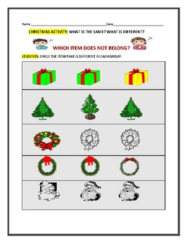 Preview of CHRISTMAS ACTIVITY: IDENTIFYING SAME/ DIFFERENT: K- 1,  ESL