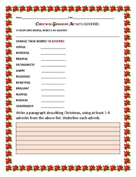 CHRISTMAS ADVERBS ACTIVITY by HOUSE OF KNOWLEDGE AND KINDNESS | TPT