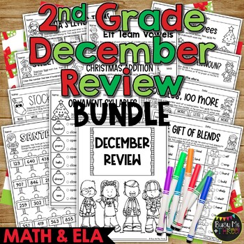 Preview of CHRISTMAS Activities Math and ELAR Review December BUNDLE 2nd Grade No Prep