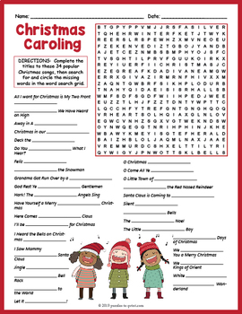Christmas Songs Word Search Puzzle Activity Page with Coloring, Wordsearch