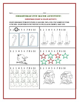 Preview of CHRISTMAS: COUNT & COLOR: A FUN MATH ACTIVITY, PRE K- GRADE 1