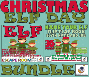 Preview of CHRISTMAS ELF DAY BUNDLE: Escape Room, Elf Name and Job Flip Flap book