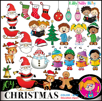 Preview of CHRISTMAS JOY Clipart. BLACK AND WHITE & Color Bundle. {Lilly Silly Billy}