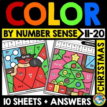 Preview of CHRISTMAS MATH COLOR BY CODE TEEN NUMBER SENSE DECEMBER COLORING PAGE SHEETS