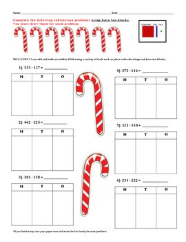 Preview of CHRISTMAS! MCC.2.NBT.7 Subtraction to 1000 uses place value base ten blocks