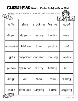 CHRISTMAS Nouns, Verbs and Adjectives Sorting Worksheets by 4 Little Baers