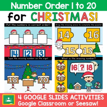 Preview of CHRISTMAS Ordering Numbers to 20 Math Google Slides Activities