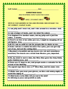 Preview of CHRISTMAS RHYMING COUPLETS QUIZ: FOR STAFF AND STUDENTS  W/ANSWER KEY