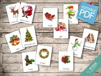 CHRISTMAS Vocabulary • 40 Editable Montessori 3-part Cards • Flash Cards