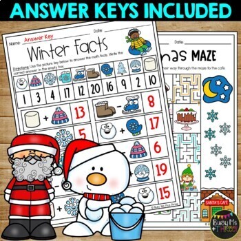 CHRISTMAS & WINTER FUN Worksheets K, 1, 2 Crossword, Word Search, Math