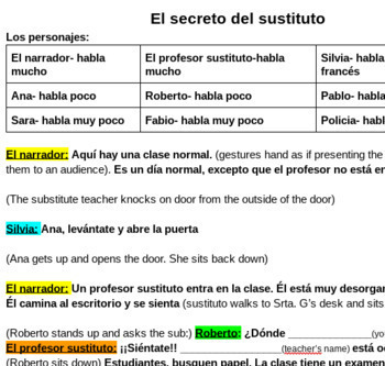 Preview of CI Spanish skit El secreto del sustituto - (matches level 1 unit 6)
