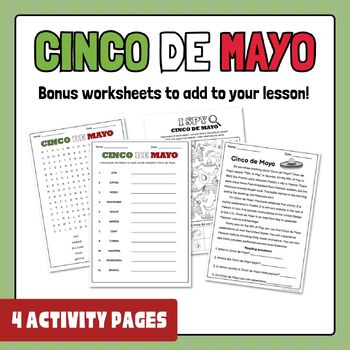 Preview of CINCO DE MAYO | 4 Activity pages | wordsearch, I-spy, reading, unscramble