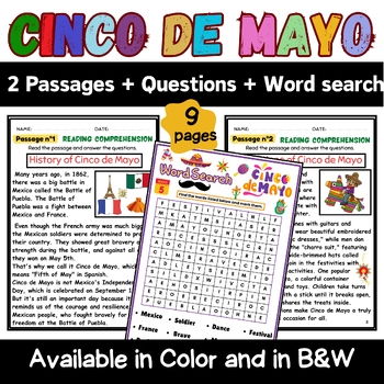 Preview of CINCO DE MAYO History + Traditions : Passages + Questions + Word Search Activity
