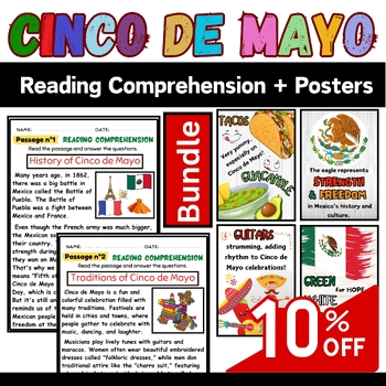 Preview of CINCO DE MAYO Reading comprehension & Word Search + Bulletin Board (13 Posters)