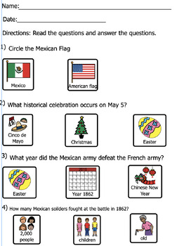 Preview of CINCO DE MAYO "WH QUESTIONS AND MATCHING WITH SYMBOLS/VISUALS